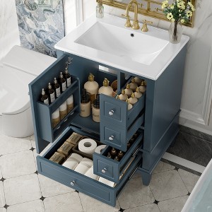 Whisen 24" Bathroom Vanity with Sink, Drawers & Storage Shelves, Ceramic Top with MDF/Solid Wood Base - 1 of 4