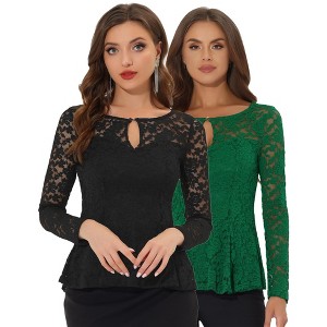 INSPIRE CHIC Women's Floral Lace Front Peplum Hem Keyhole Sheer Long Sleeve Blouse 2 Pieces - 1 of 4
