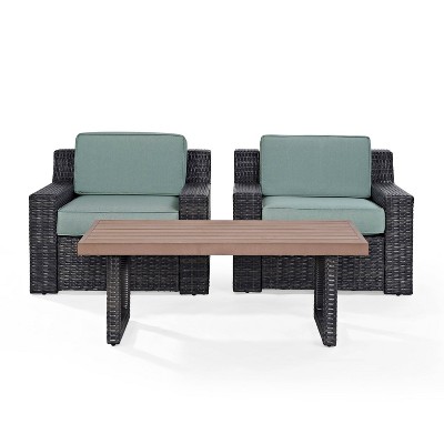 Beaufort 3pc Outdoor Wicker Seating Set with Coffee Table - Mist - Crosley: UV-Resistant, Polywood, Removable Cushions