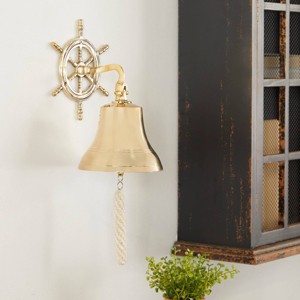 Brass Bell Wall Decor with Ship wheel Backing - Olivia & May - 1 of 4