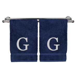 BC BARE COTTON Monogrammed Hand Towel, 100% Turkish Cotton - Set of 2 - Navy - White Block - 1 of 4