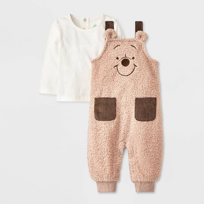 Image of Baby Disney Winnie The Pooh 2pc Long Sleeve Top and Cozy Overalls Set - Tan 3-6M