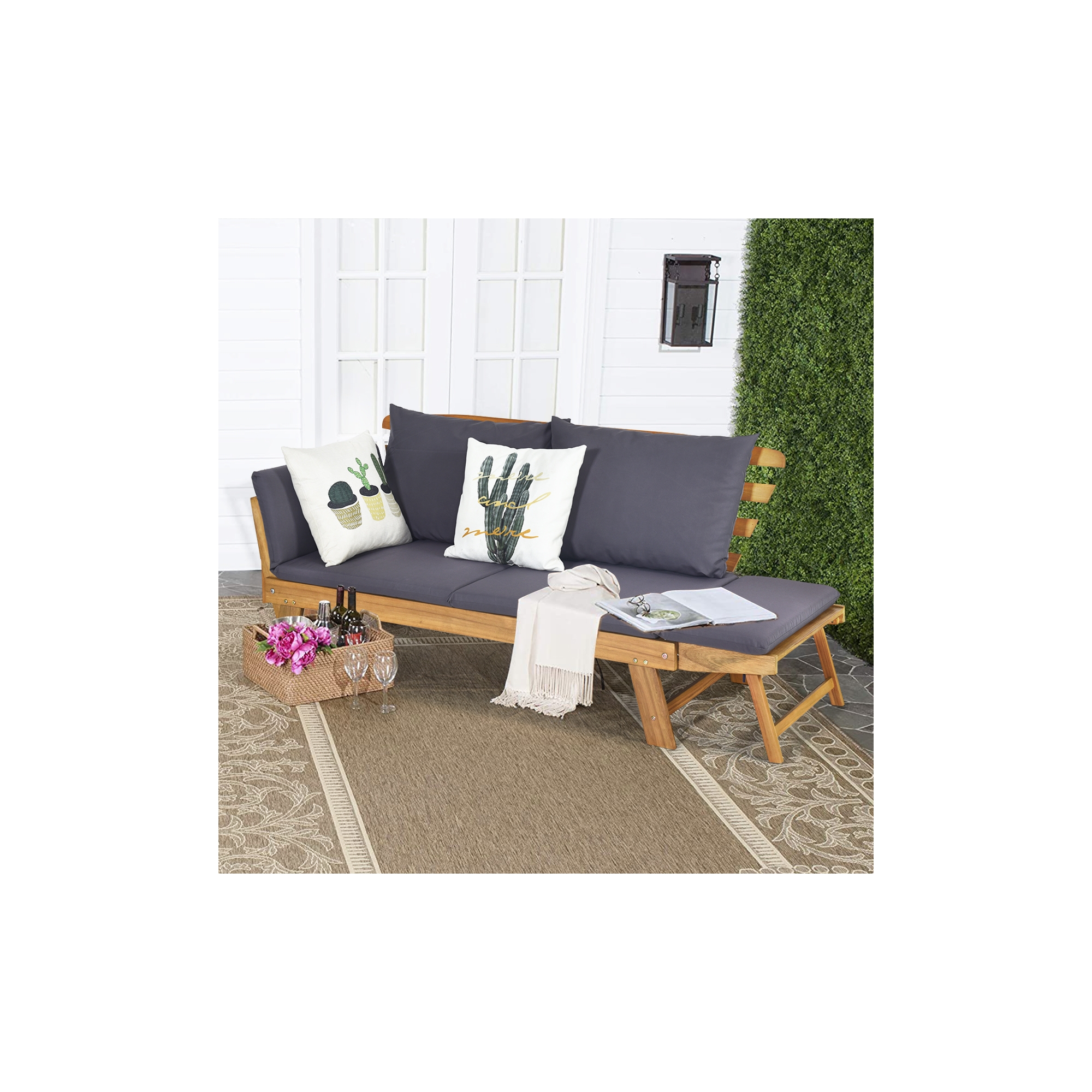Costway Patio Sofa Daybed Wood Adjustable Furniture W/Thick Cushion