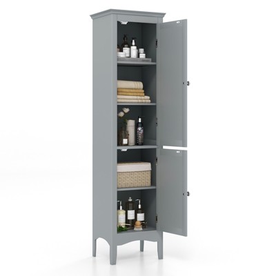 Tangkula Freestanding Bathroom Storage Cabinet Tall Narrow Storage Cabinet with 1 Adjustable Shelf 1 Drawer and 2 Doors Gray/Coffee/Black/White