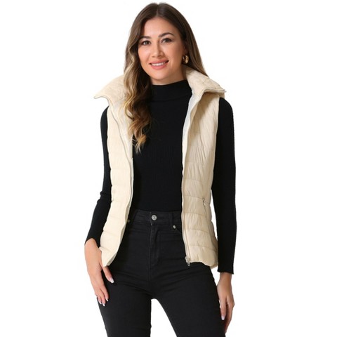 Allegra K Women's Zip-Up Sleeveless Winter Hoodie Quilted Jacket Beige Small