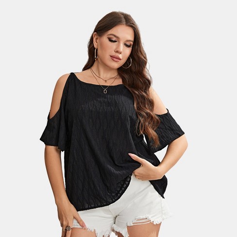 Women's Plus Size Tops Elegant Lace Hollow Out Short Sleeve Work Office  T-Shirt O-Neck Pleated Tunic Blouse Tees