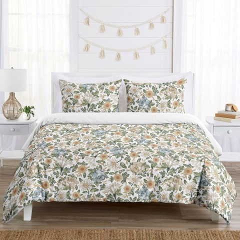 Sweet Jojo Designs Full/Queen Comforter Bedding Set Vintage Floral Blue Yellow and Gold 3pc