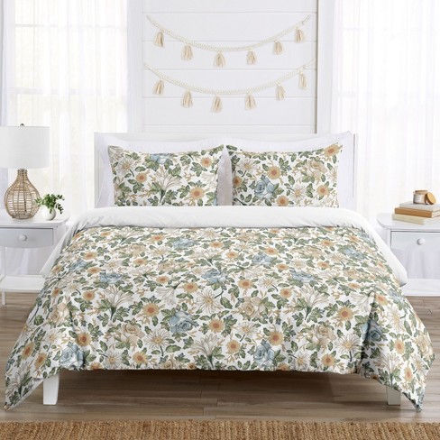 Sweet Jojo Designs Full/Queen Comforter Bedding Set Vintage Floral Blue  Yellow and Gold 3pc