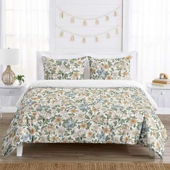 Sweet Jojo Designs Full/Queen Comforter Bedding Set Vintage Floral Blue Yellow and Gold 3pc