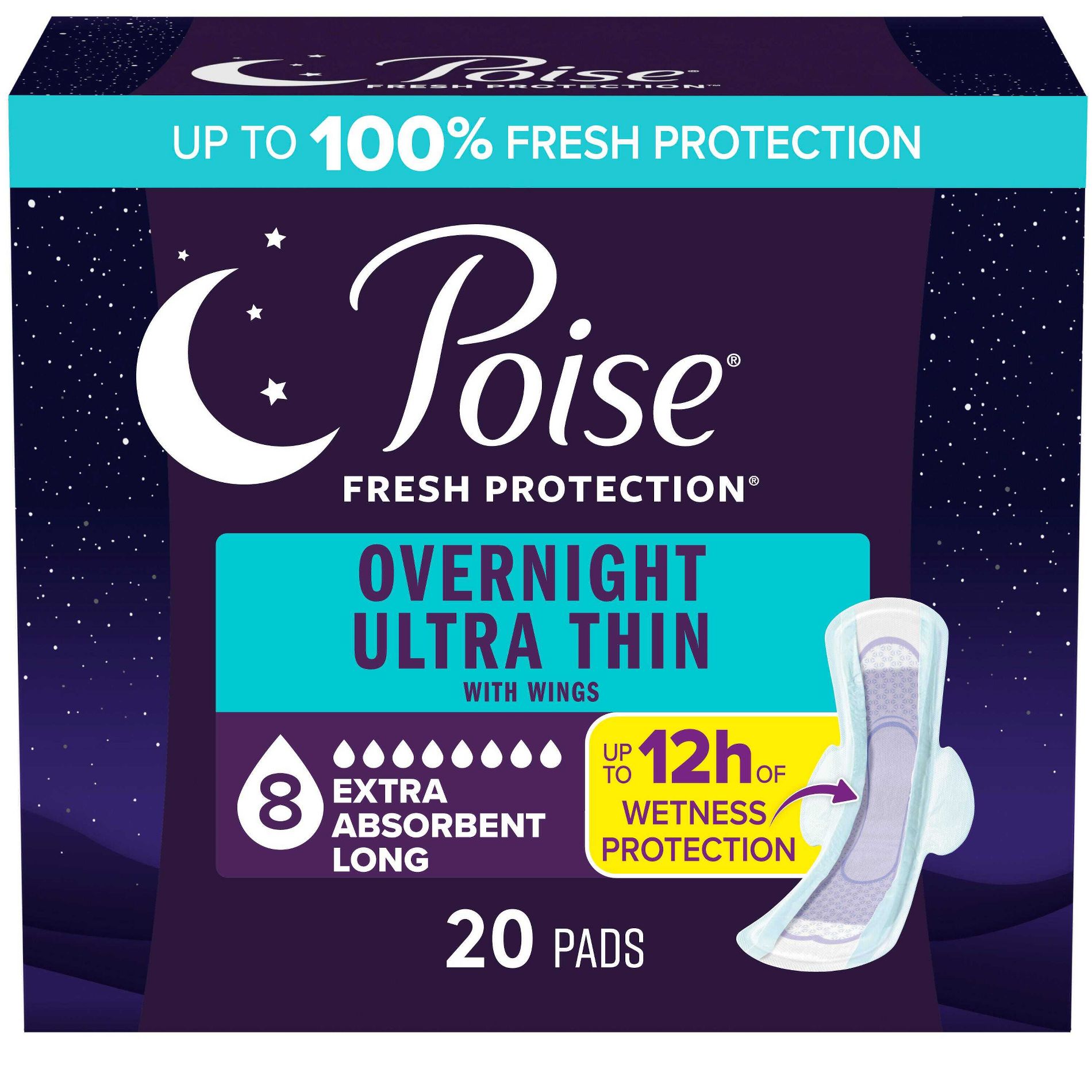 Poise Ultra-Thin with Wings Long Overnight Pad - 20ct