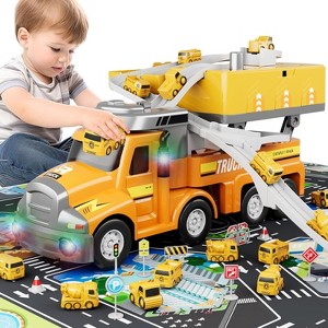 Light Up Construction Truck with 4 Vehicles Playmat Music Toy for Toddlers 3-5 Years Yellow - 1 of 4