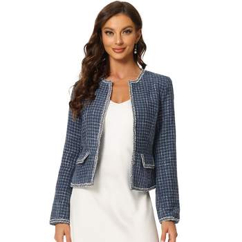 Allegra K Women's Long Sleeve Open Front Work Office Short Plaid Tweed Blazer