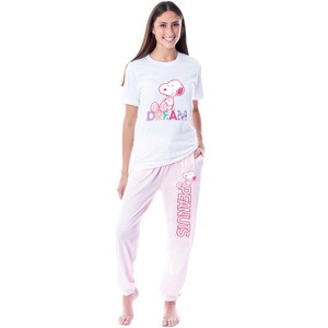 Peanuts Womens' Snoopy Dream Comic Flower Relaxing Sleep Pajama Set Multicolored - 1 of 4