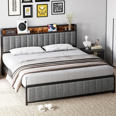 Full Size Bed Frame with Storage Headboard, Upholstered Platform Bed with USB Ports & Outlets, Strong Metal Slats Support