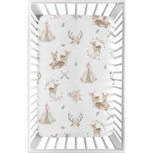 Sweet Jojo Designs Girl Baby Fitted Mini Crib Sheet Deer Floral Pink Green White - 1 of 4