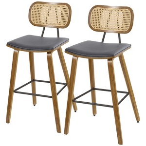 Bekrvio 26" Mid Century Modern Counter Height Bar Stools - Rattan Cane Back, Wood, PU Leather Upholstered for Kitchen Island Dining - 1 of 4