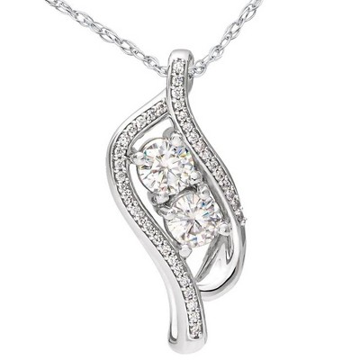 Pompeii3 1 1/2 ct Two Stone Forever Us Diamond Pendant 14k White Gold 1" Tall