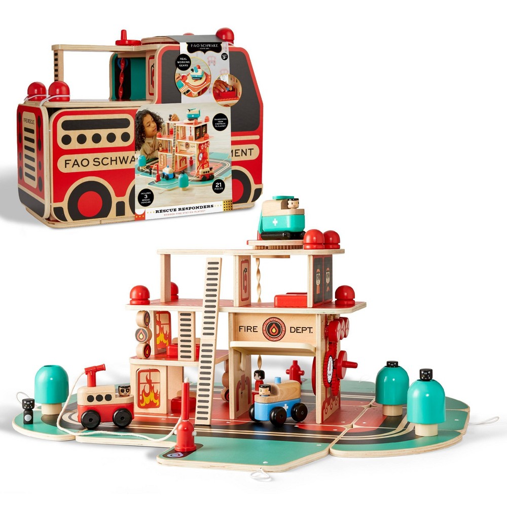 FAO Schwarz Rescue Responders Wooden Fire Station Playset - 21pcs