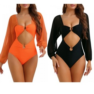 INSPIRE CHIC Women's Cut Out Ring Plunge Neck Shirred Long Sleeves Mesh Tummy Control Monokini Swimsuit 2 Sets - 1 of 4