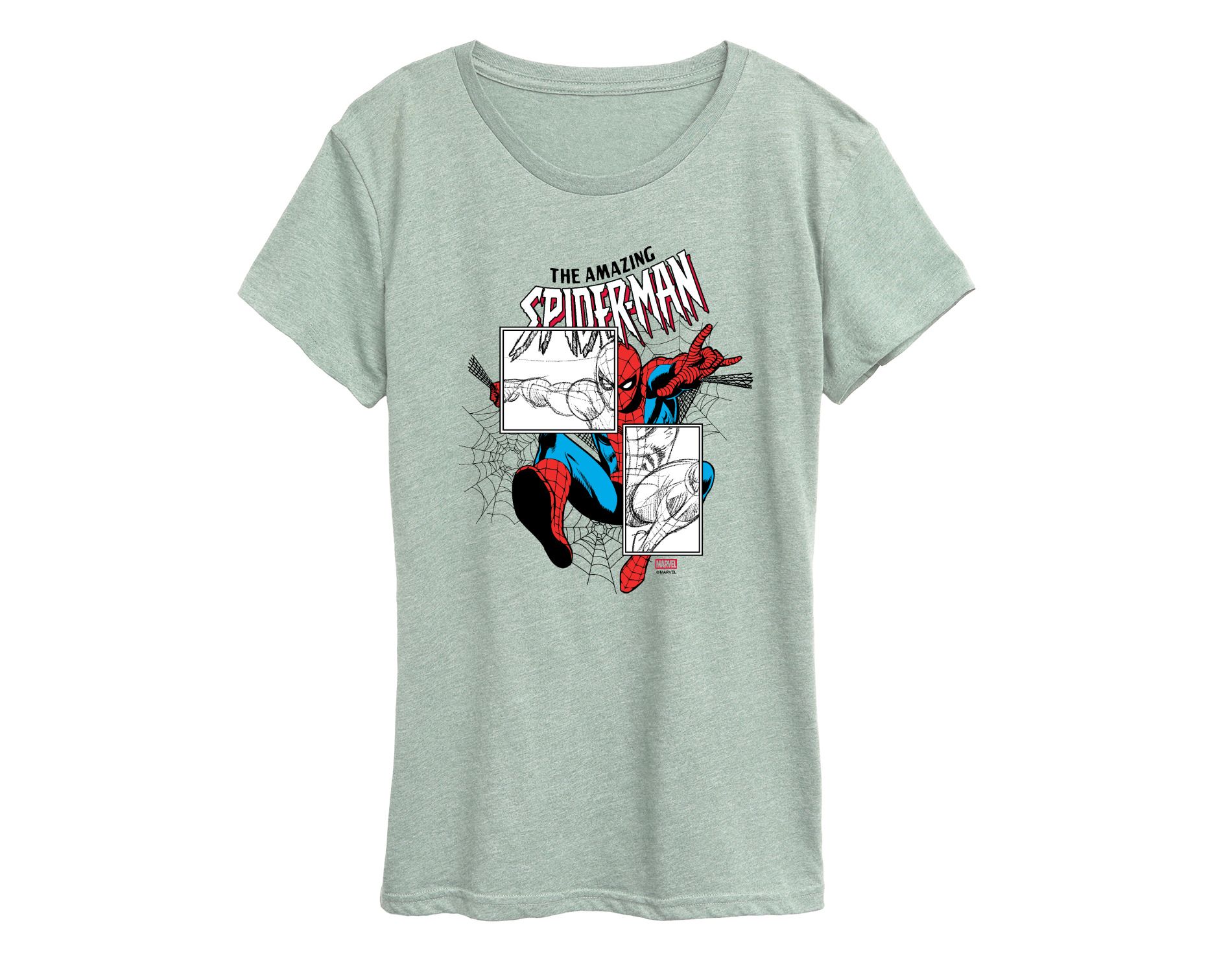 Women's Marvel Spiderman Sketch Blocks Short Sleeve Graphic T-Shirt - Heather Sea Foam - 1X