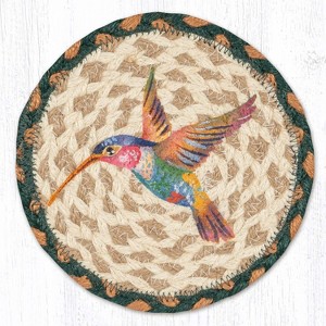 Earth Rugs Round Hummingbird Coaster – 7" Braided Jute Mat with Ruby Throated Design in Nature-Inspired Pastel Tones - 1 of 3