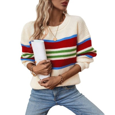 Coolmee Women's Fall Long Sleeve Oversized Striped Color Block Comfy Loose Crew Neck Knitted Pullover Sweater