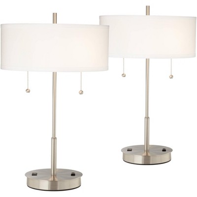 360 Lighting Modern Accent Table Lamps 23.75" High Set of 2 with Hotel Style USB and AC Power Outlet Slim Silver White Drum Shade for Bedroom Desk