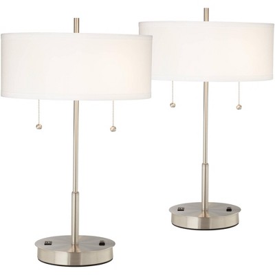 360 Lighting Modern Accent Table Lamps Set of 2 with Hotel Style USB and AC Power Outlet Slim Silver White Drum Shade for Bedroom Office