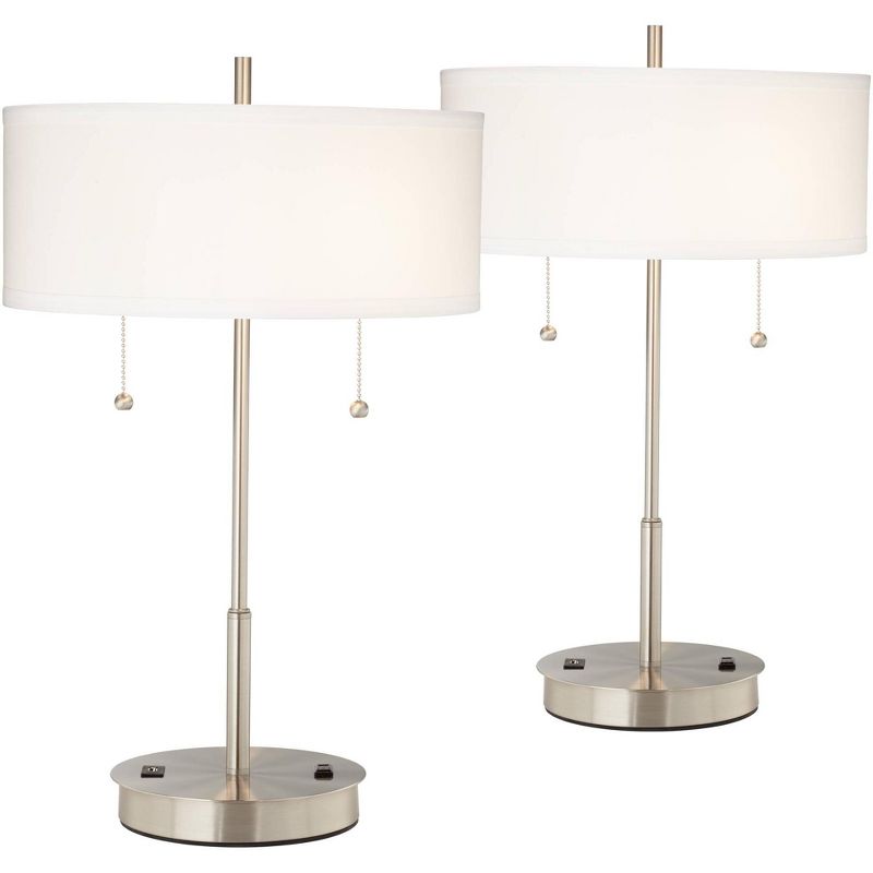 360 Lighting Nikola Modern Accent Table Lamps 23 3/4" High Set of 2 Silver with USB and AC Power Outlet in Base White Drum Shade for Bedroom Home Desk, 1 of 9