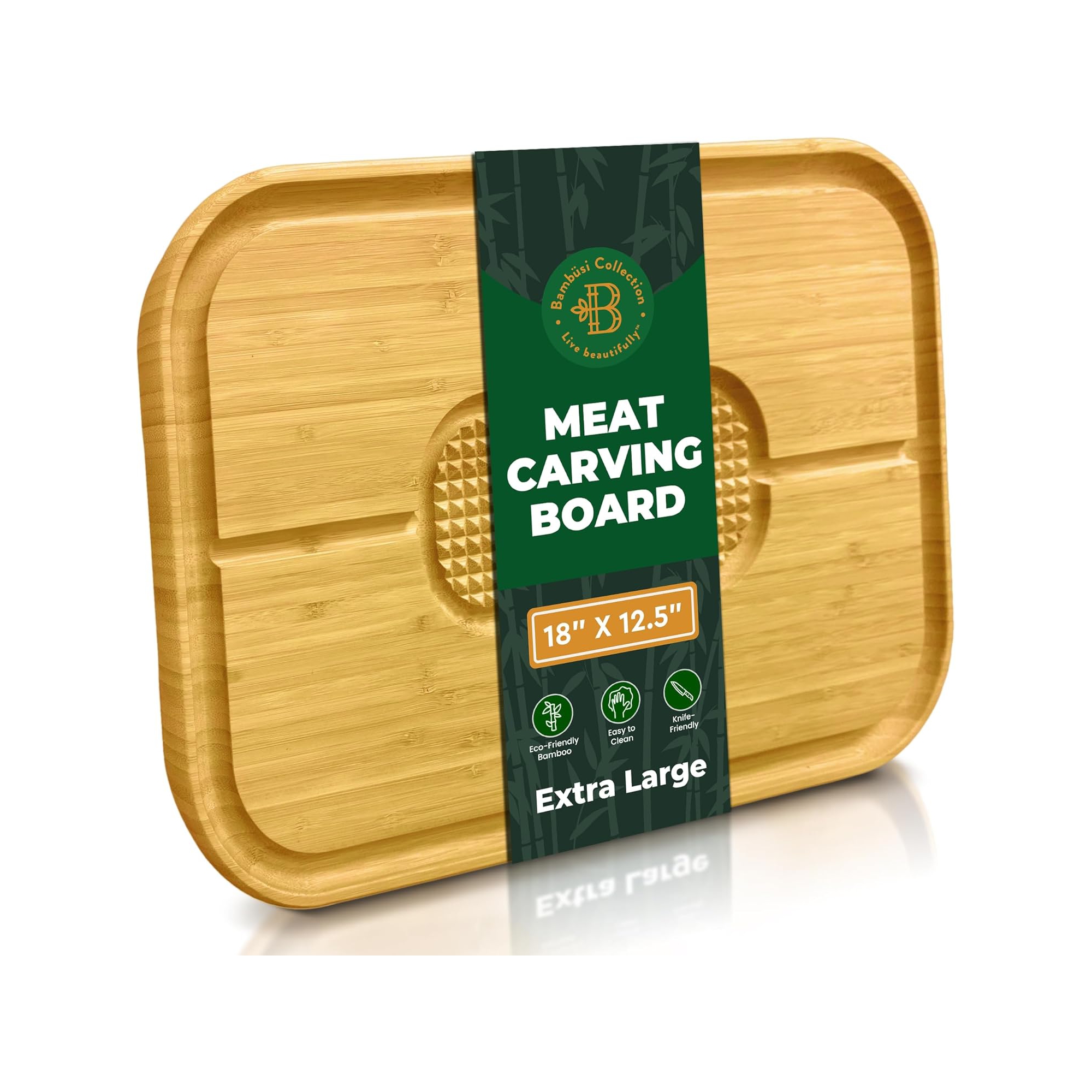 Extra Large Bamboo Meat Cutting Board with Deep Juice Groove and Non-Slip Center, Reversible Carving Board, 18" x 13"