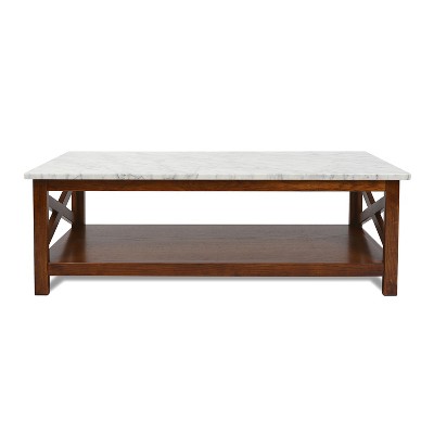 Agatha 44" Rectangular White Marble Coffee Table with Walnut Wood Legs