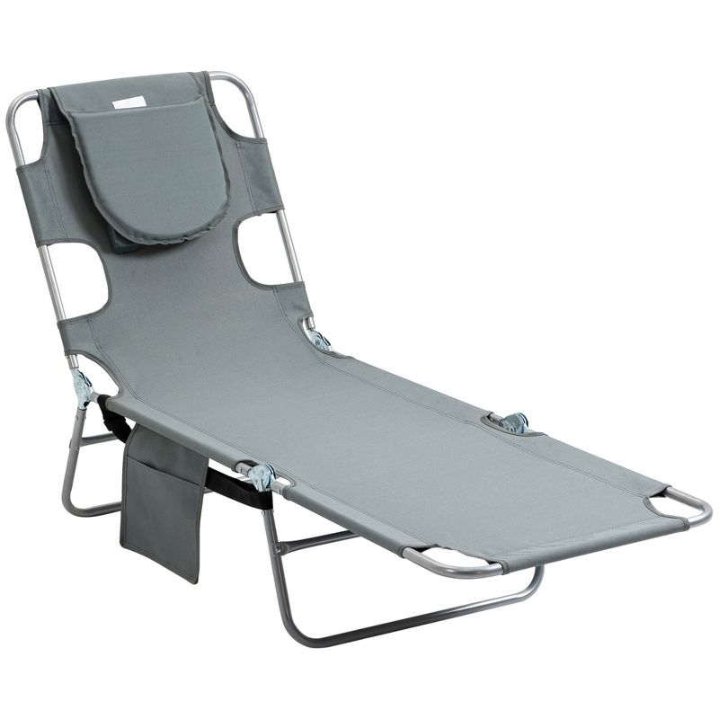 Outsunny Folding Beach Lounge Chair with Face Hole and Arm Slots, 5-level Adjustable Sun Lounger Tanning Chair with Pillow, 1 of 7