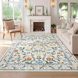 Washable living room rug, with floral decoration and non-slip backing, stain-resistant,  for dining room, bedroom, children's room - 1 of 4