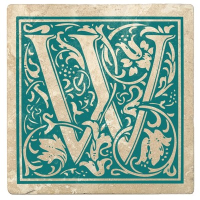Christmas by Krebs Set of 4 Ivory and Teal Blue Alphabet "W" Square Monogram Coasters 4"