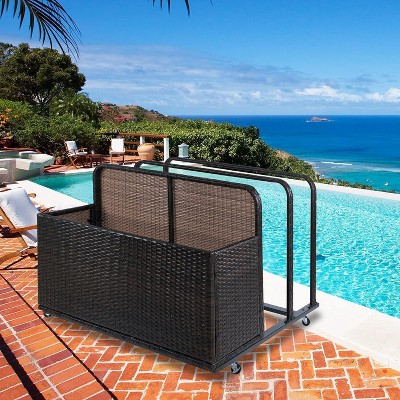 Outdoor Patio Wicker Pool Float Storage with Wheels, Waterproof PE Rattan Poolside Storage Basket Outdoor Rolling Pool Toy Organizer for Floaties,