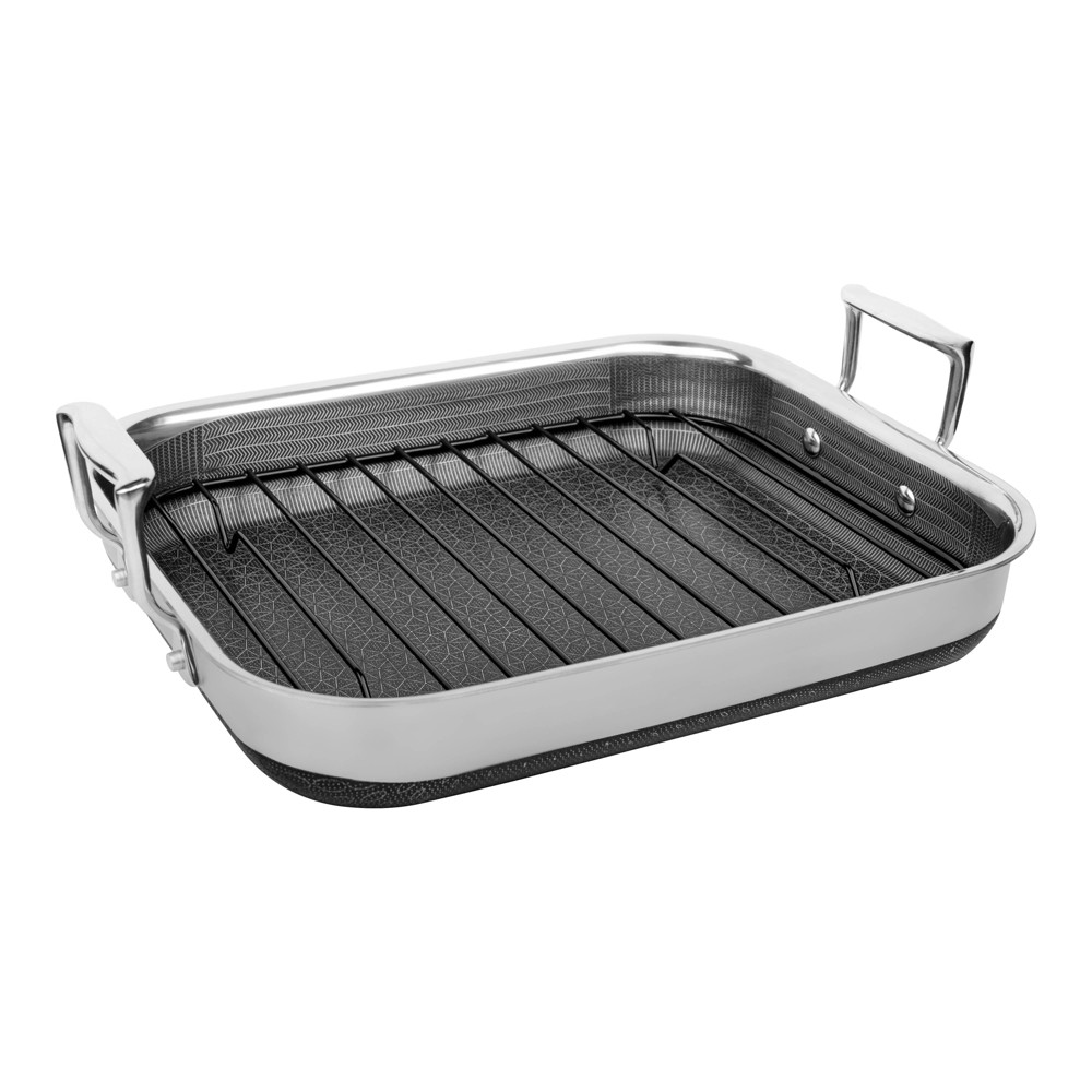 Livwell Brands Diamond Clad Hybrid Roasting Pan with Basket Nonstick Stainless Steel: 14" Tri-Ply, Oven & Dishwasher Safe