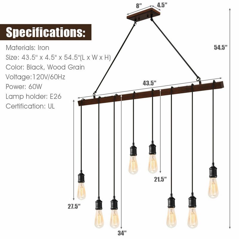 Costway 8-light Industrial Pendant Light Wood Hanging Chandelier Fixture for Home Decor, 3 of 11