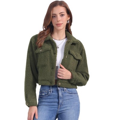 Allegra K Women's Lapel Faux Fur Button Down Long Sleeve Casual Short Jackets