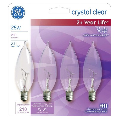 General Electric 4pk 25W CAC Long Life Incandescent Chandelier Light Bulb White