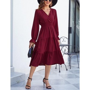 Coolmee Women's Bohemian Dress Casual Long Sleeve V Neck Dress Floral Flowy Maxi Dresses Tiered Cocktail Dress - 1 of 4
