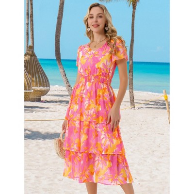 Женские платья INSPIRE CHIC Women's Floral V Neck Short Sleeve Ruffle Tiered Layered Swing Summer Midi Dress Hot Pink Small — фото 5