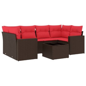 vidaXL 7 Piece Patio Sofa Set with Cushions Brown Poly Rattan - Brown and Red - 1 of 4