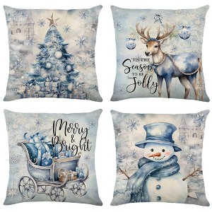 Christmas Throw Pillow Covers 18x18 Set of 4,Merry Christmas Tree Reindeer Sleigh Snowman Blue and White Xmas - 1 of 3