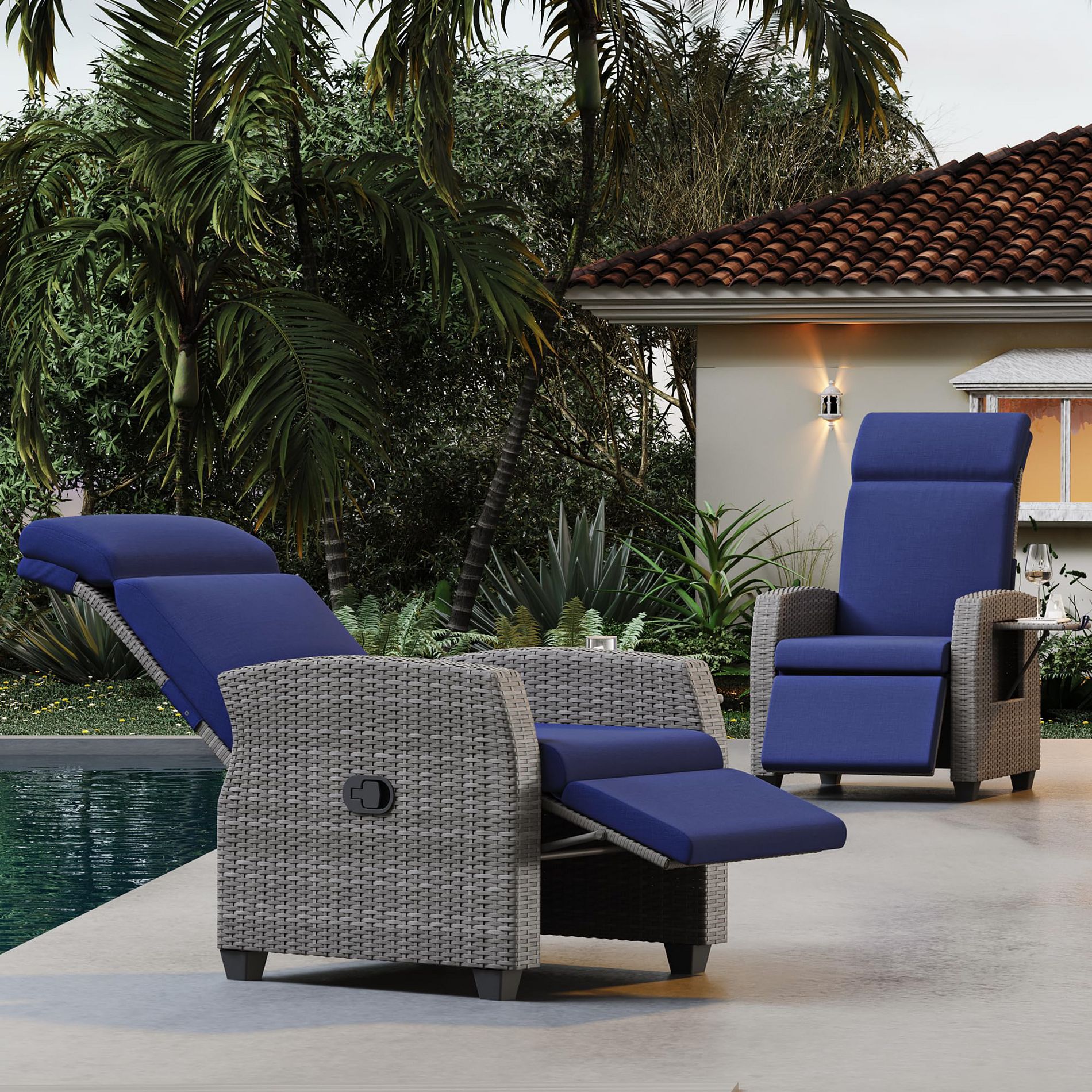 GustoWave Patio Wicker Outdoor Recliner with Independently Adjustable Backrest & Footrest, All-Weather PE Wicker Lounge Chair, Blue 1 PC