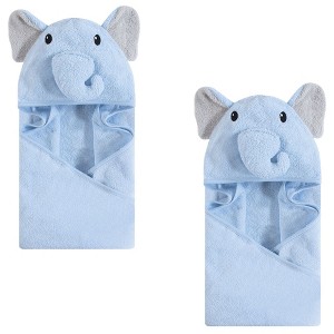 Hudson Baby Infant Boy Cotton Animal Face Hooded Towel, Light Blue Elephant 2-Piece, One Size - 1 of 2