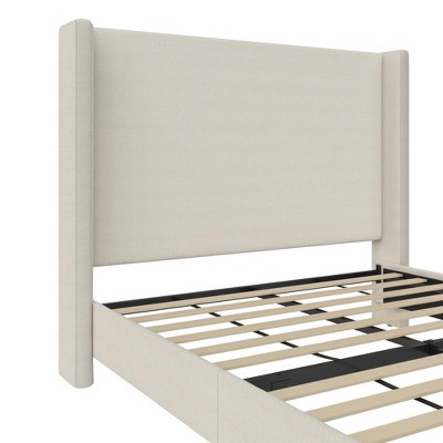 Ivory Upholstered Queen Platform Bed with Wingback Headboard