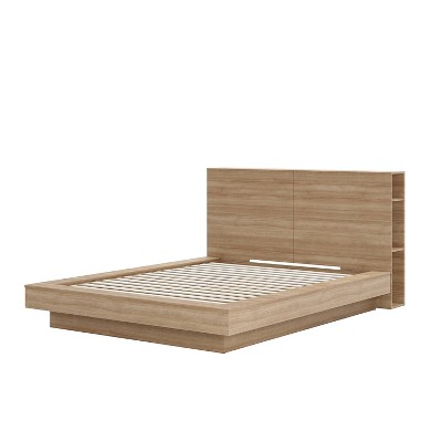 Queen Light Brown Wood Frame Platform Bed with Storage