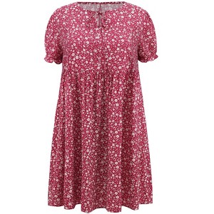 Women's Plus Size Ditsy Floral Print Tie Neck Puff Sleeve Elastic Waist A-Line Dress with Pocket - GRACE & GRANDEUR - 1 of 4