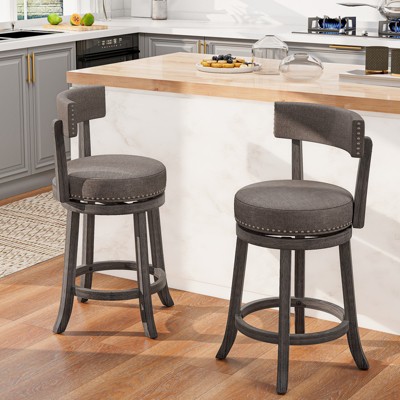 Gray 26" Swivel Counter Height Stools with Wood Frame and Upholstered Seat
