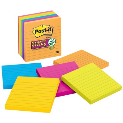 Post-it Super Sticky Lined Notes, 4 x 4 Inches, Energy Boost Colors, Pack of 6